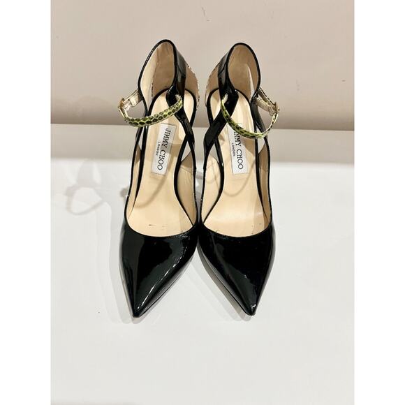 Jimmy Choo Black Patent Leather & Python Embossed Cut-out Buckled Pumps Heels 39 - Picture 3 of 7